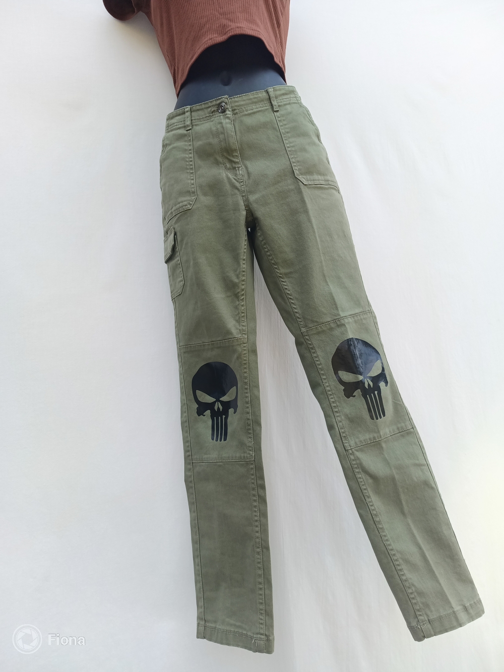 Olive Green Women's Upcycled Durable Cargo Jeans w Punisher Skull Knee Graphic
